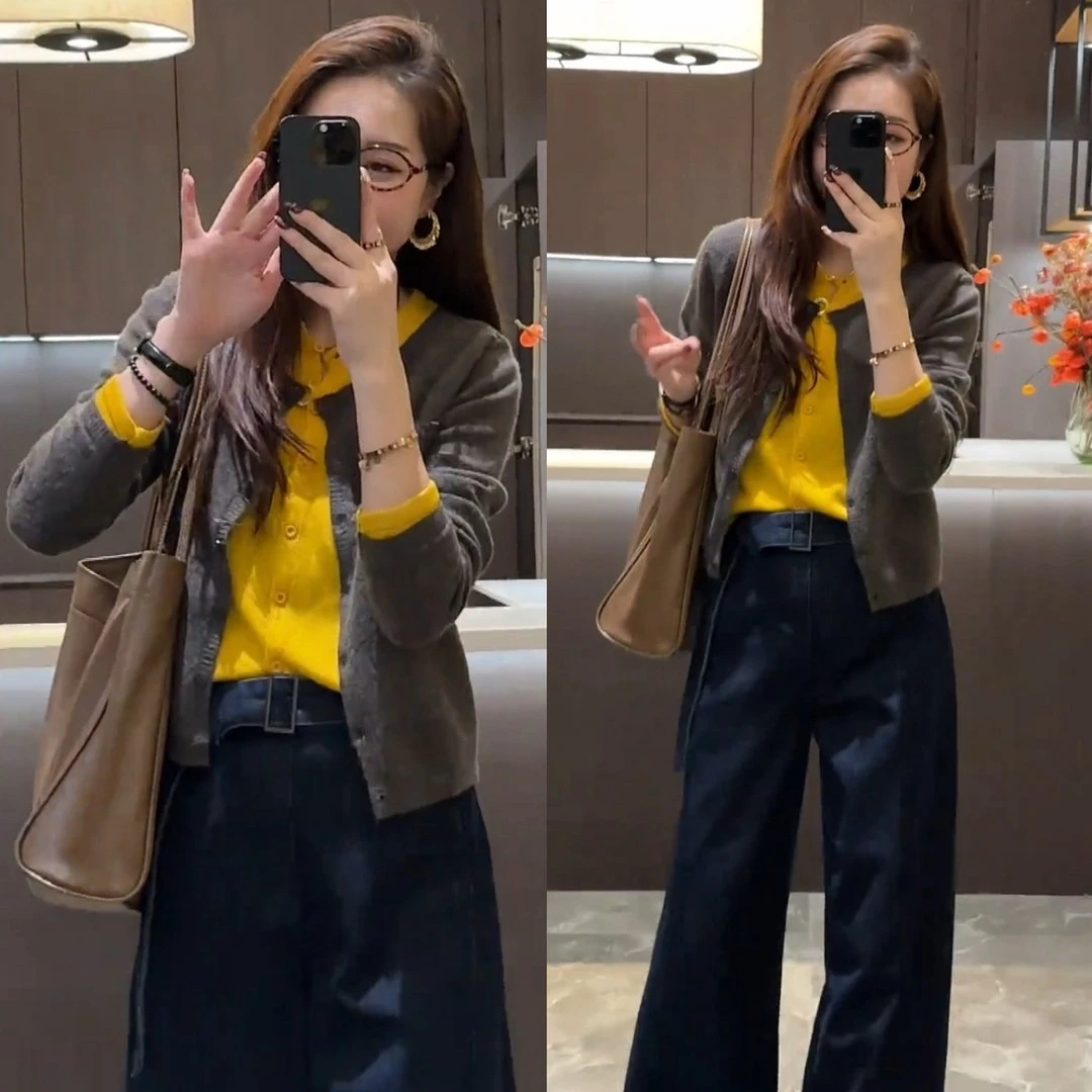 黄色假两件撞色针织开衫秋冬韩系穿搭高级感气质毛衣外套宽松上衣