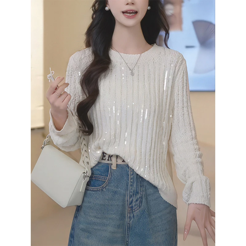 减龄时尚重工亮片圆领白色宽松百搭针织衫早秋季设计感洋气上衣女