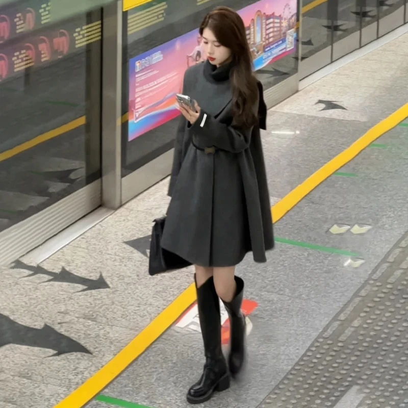 高级感可拆卸2024秋冬新款斗篷针织女减龄时尚英伦风宽松毛呢外套