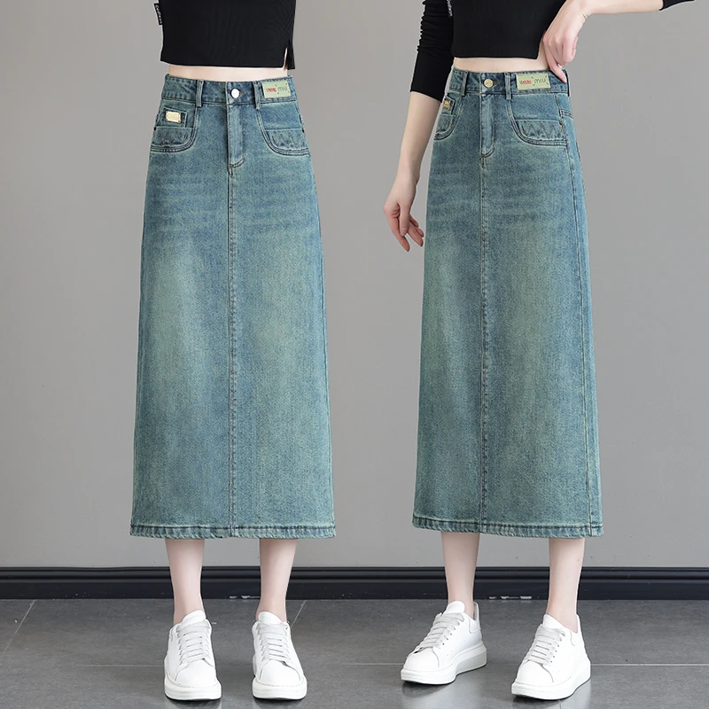 中长款春夏新款牛仔显瘦半身裙女高腰遮胯后开叉过膝牛仔包臀裙子