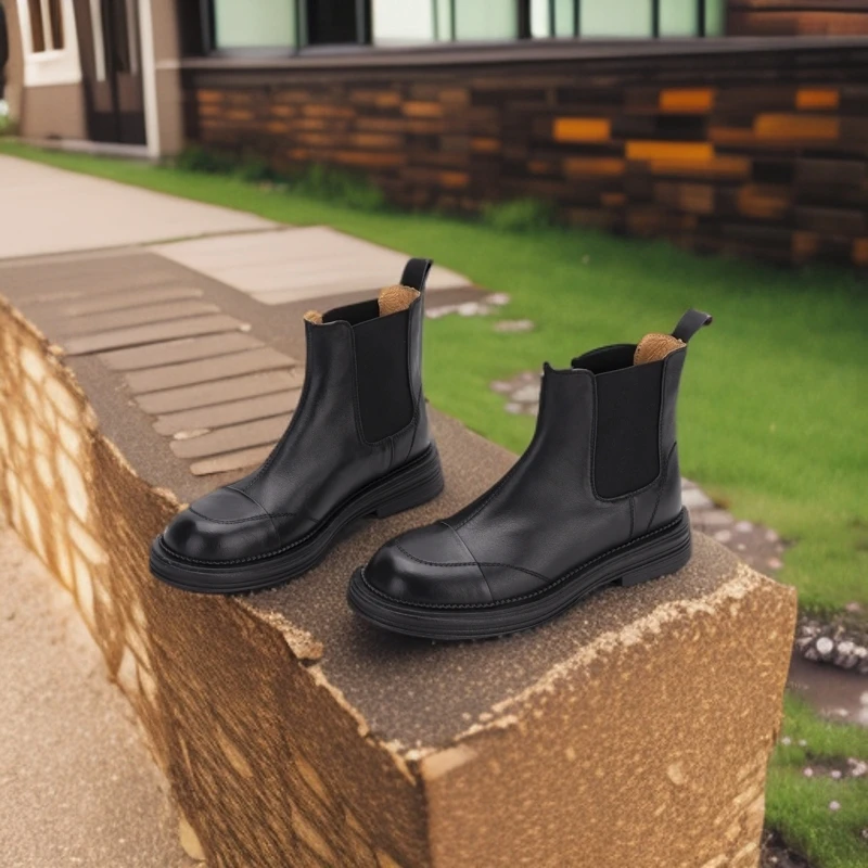 ZXS2297头层牛皮切尔西靴2024秋冬新款真皮短靴粗跟厚底一脚蹬女