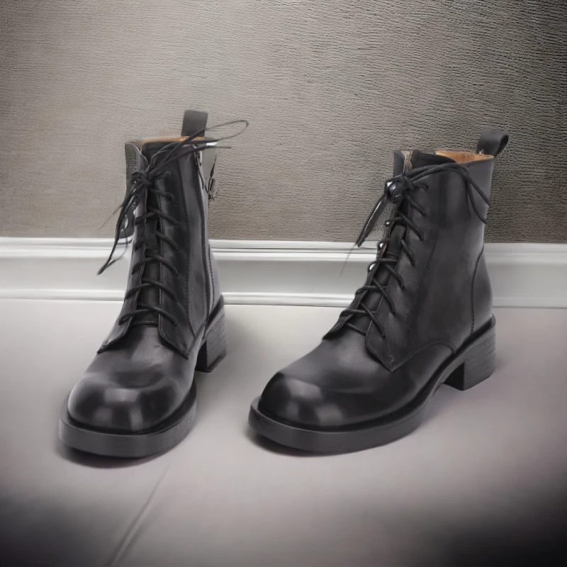 XY266头层牛皮粗跟真皮圆头短靴2024新款休闲百搭瘦瘦靴