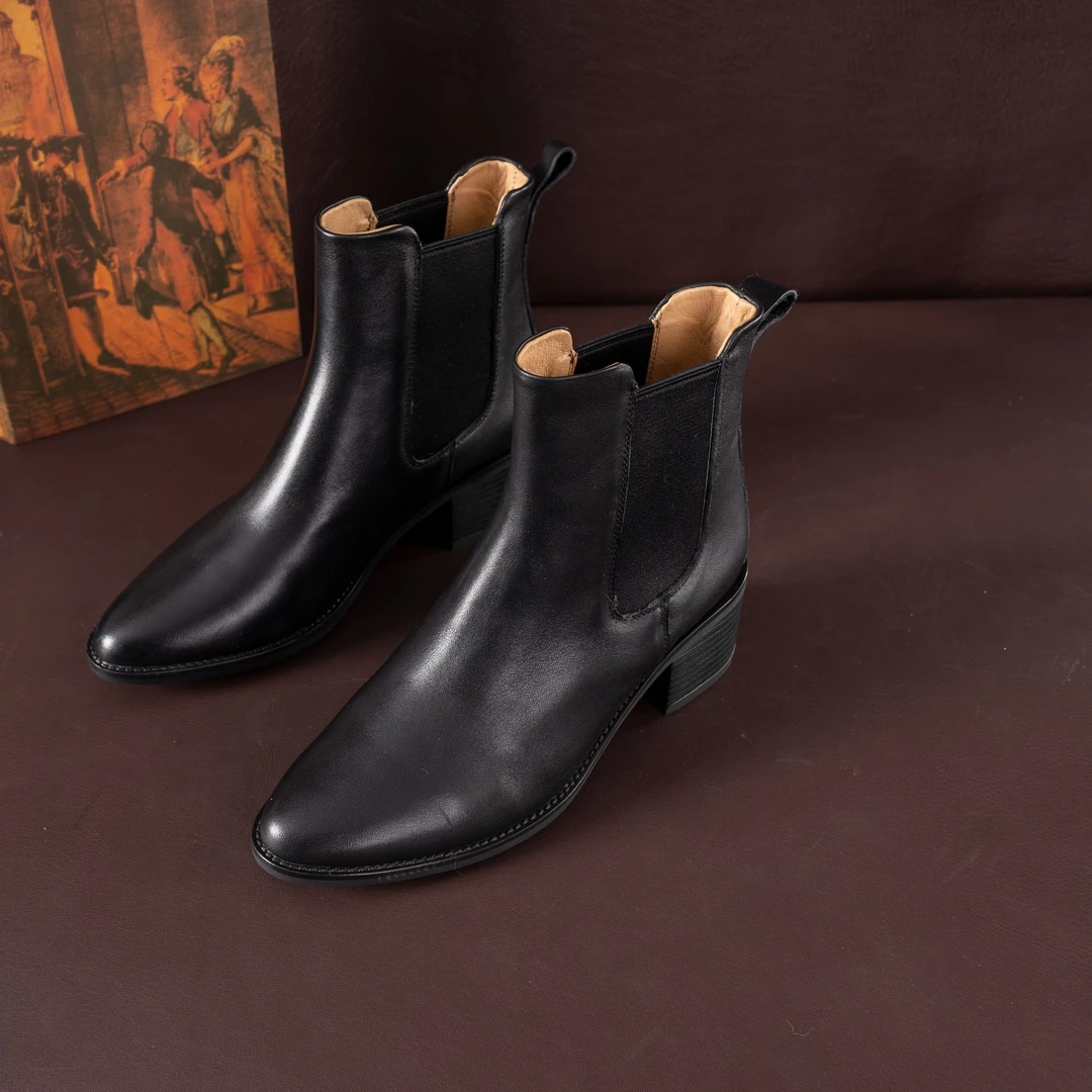 LX0706牛皮切尔西短靴女新款低跟跟棕色复古短靴厚底尖头烟管靴