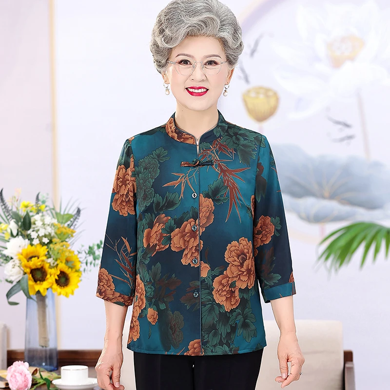 中老年妈妈装夏季衬衫大码七分袖老太太复古老人薄上衣奶奶装衬衣