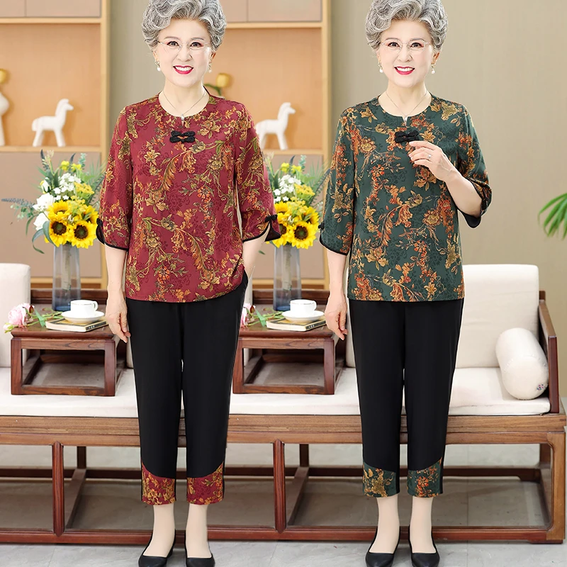 中老年女装夏装新款套装七分袖老人上衣大码妈妈洋气奶奶装两件套
