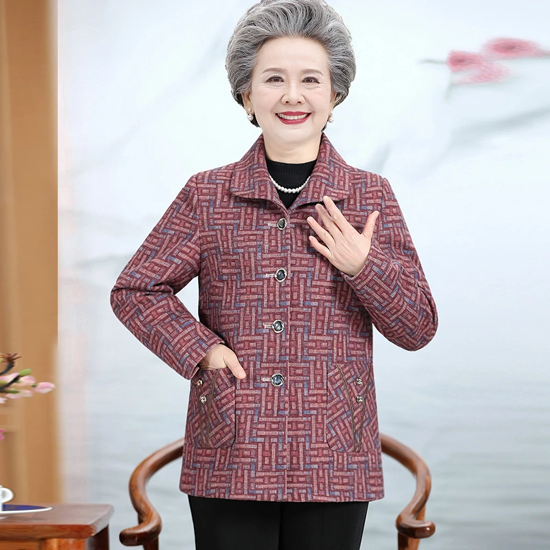 奶奶外套时尚春秋新款洋气格子外套中老年女装春季上衣妈妈装衣服