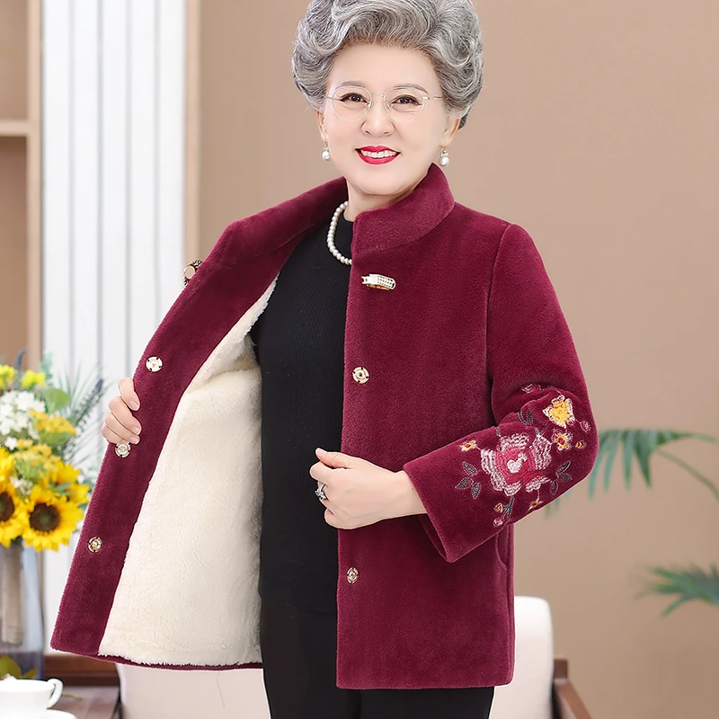 中老年女装加绒加厚外套女水晶绒上衣老人衣服奶奶装洋气毛呢外套