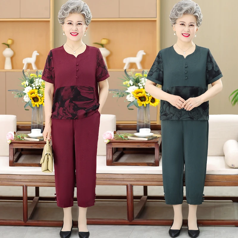 中老年女装夏装短袖套装薄款妈妈宽松衣服老太太休闲奶奶装两件套
