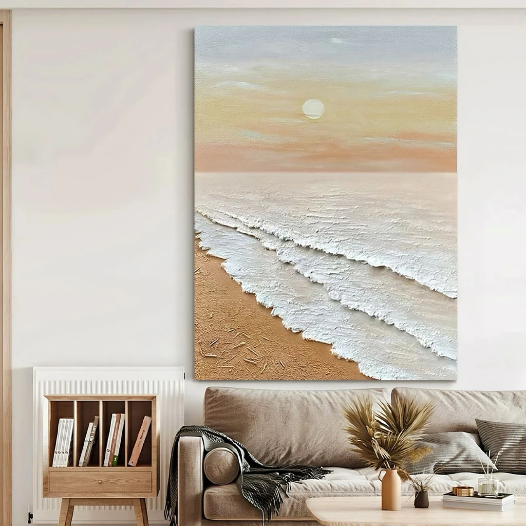 木心纯手绘油画《福海晨曦》玄关肌理高级感挂画客厅现代装饰画侘寂