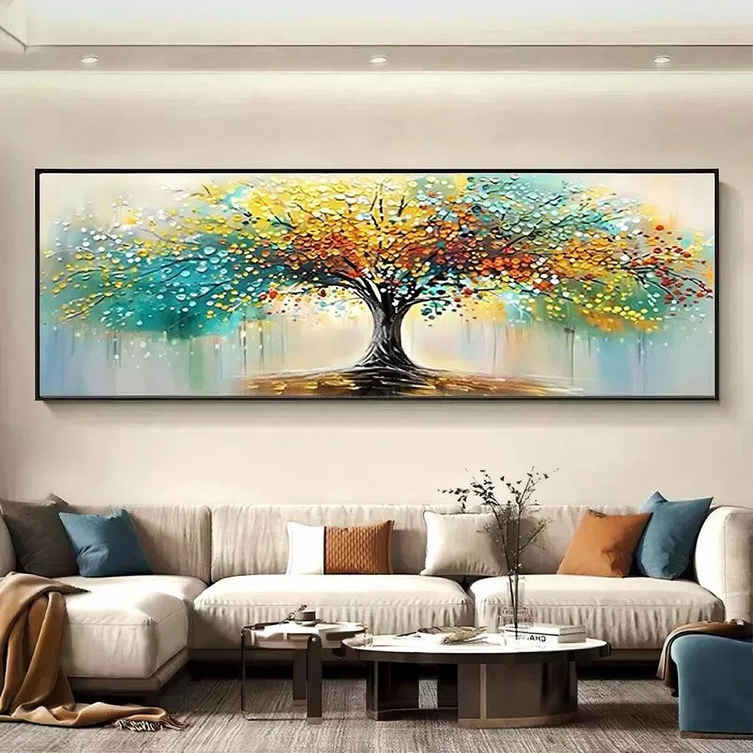 手绘油画抽象发财树客厅装饰画现代简约沙发背景壁画轻奢巨幅挂画