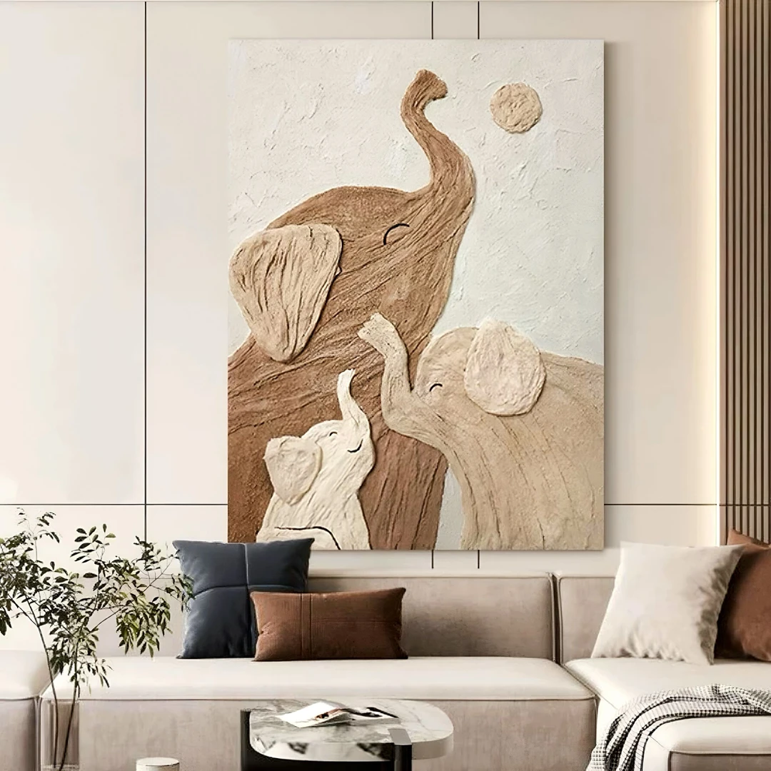 木心纯手绘油画《吉祥如意》现代侘寂奶油风装饰画大象动物客厅