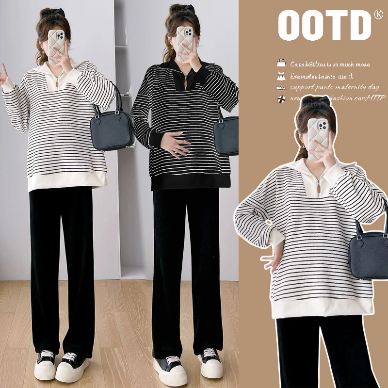 2024新款孕妇丝绒加厚条纹拼接立领休闲简约套头卫衣春秋显瘦针织