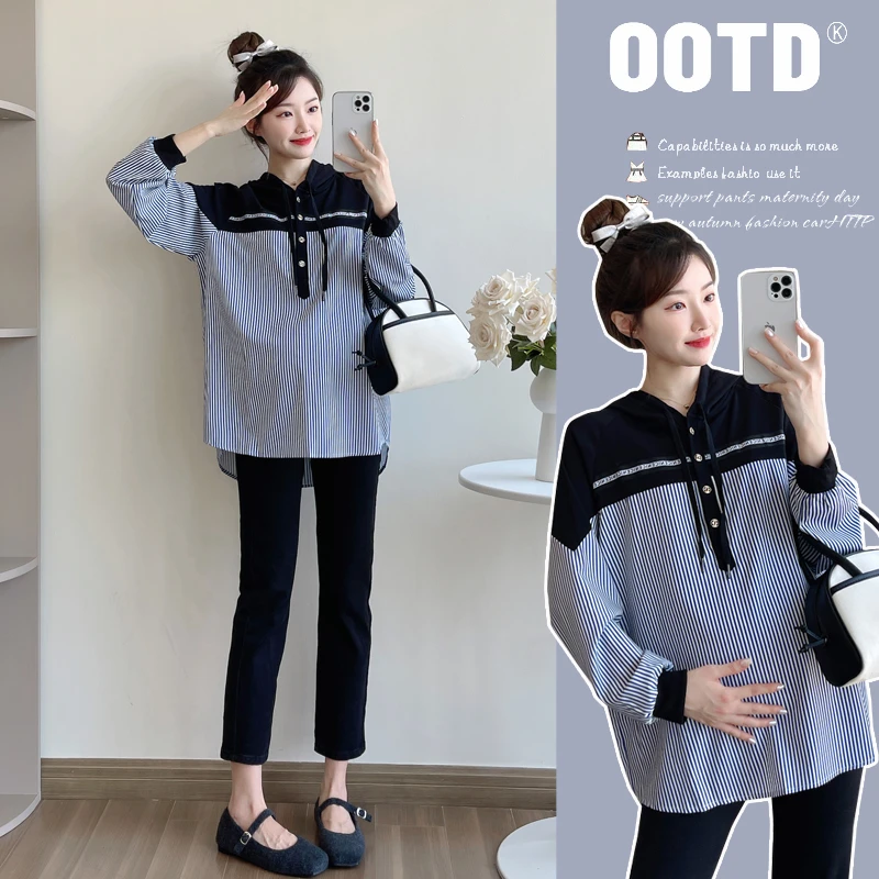 2024新款孕妇宽松显瘦时尚拼接条纹开扣可哺乳百搭气质上衣大码