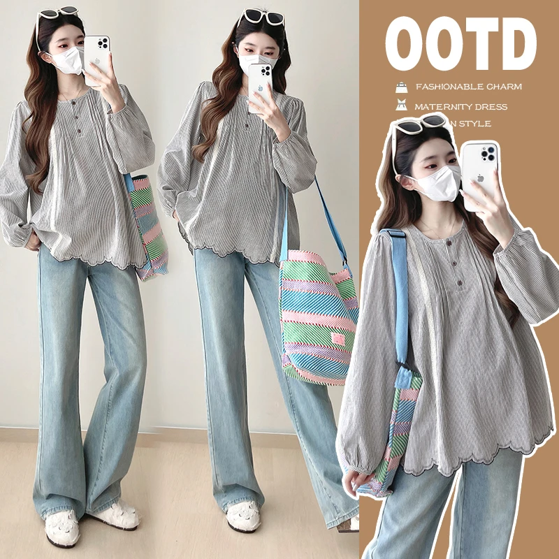 2024秋季新款条纹孕妇装上衣宽松长袖衬衫女显瘦小个子牛仔洋气