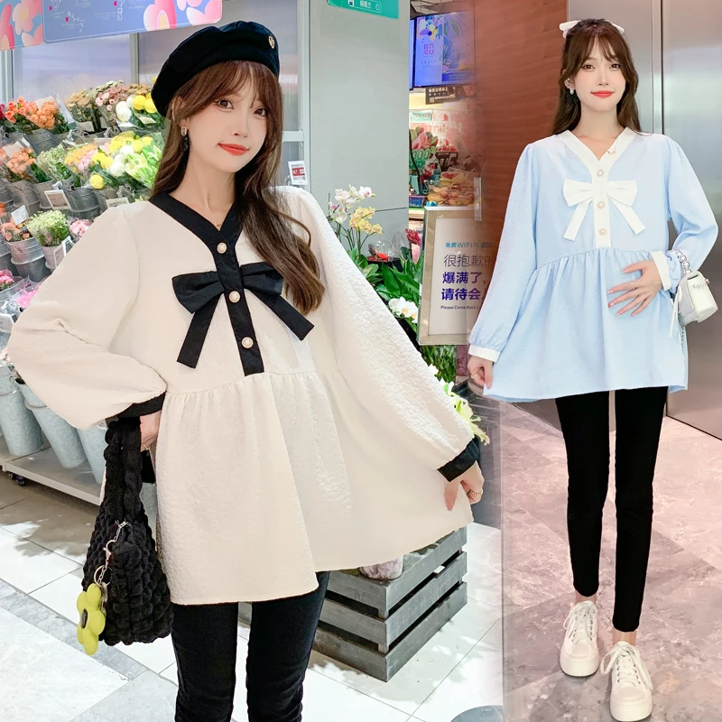 孕妇2024春装新款法式小香风蝴蝶结上衣孕妇上衣潮妈外穿孕妇装女
