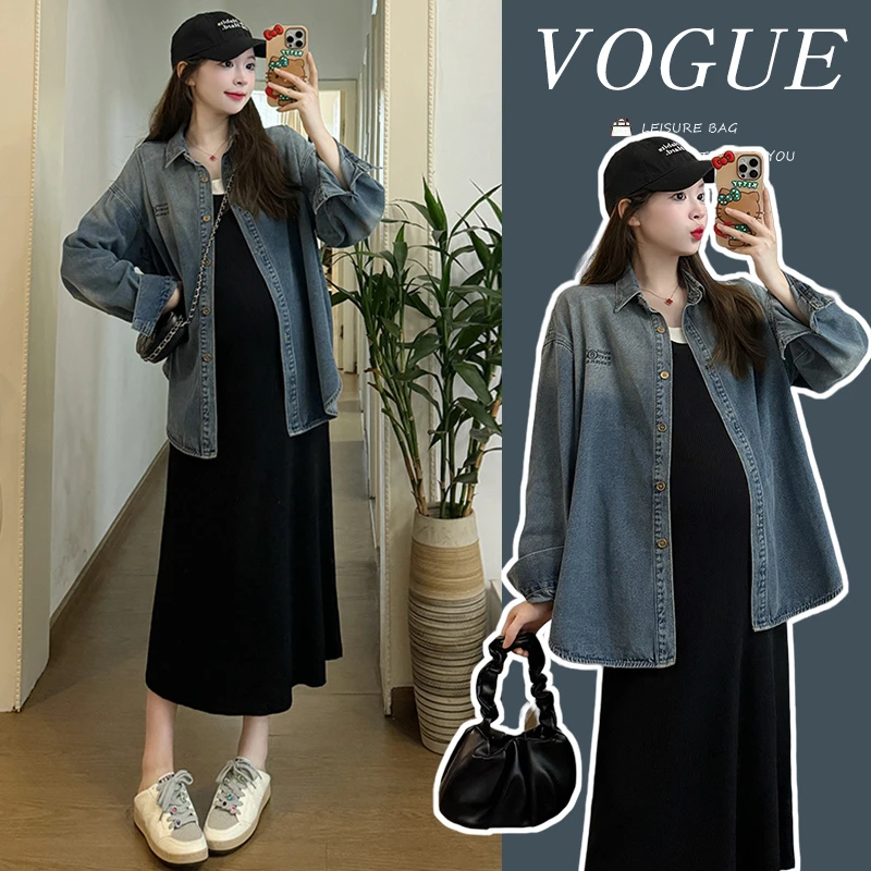 孕妇装春装时尚数字刺绣渐变色慵懒风衬衣百搭ins潮孕妇牛仔外套