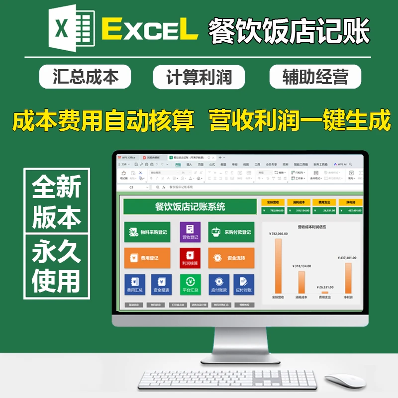 餐饮饭店财务记账表格收入支出成本费用利润自动核算自动报表模板