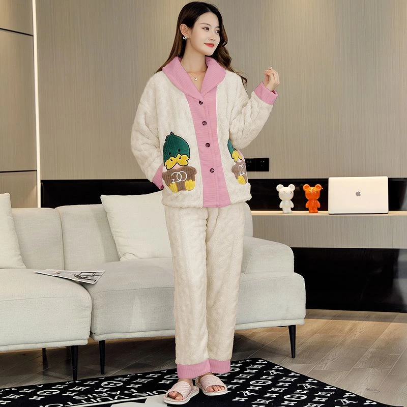秋冬款女士长毛绒加绒加厚大码时尚保暖可外穿鸭子家居服睡衣