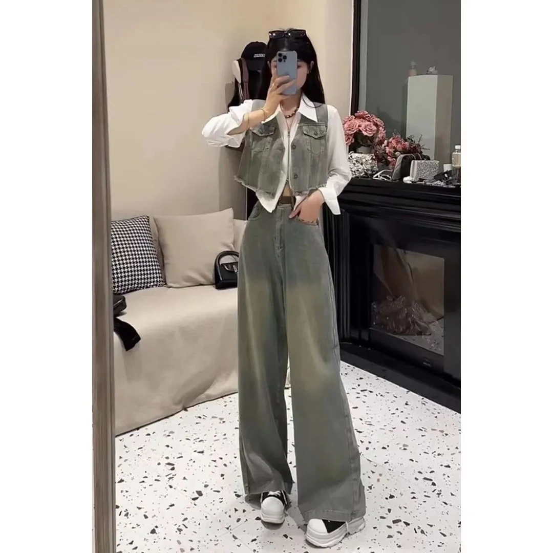 秋季时尚穿搭女2024新款韩版减龄衬衫显瘦马甲高腰牛仔裤三件套潮