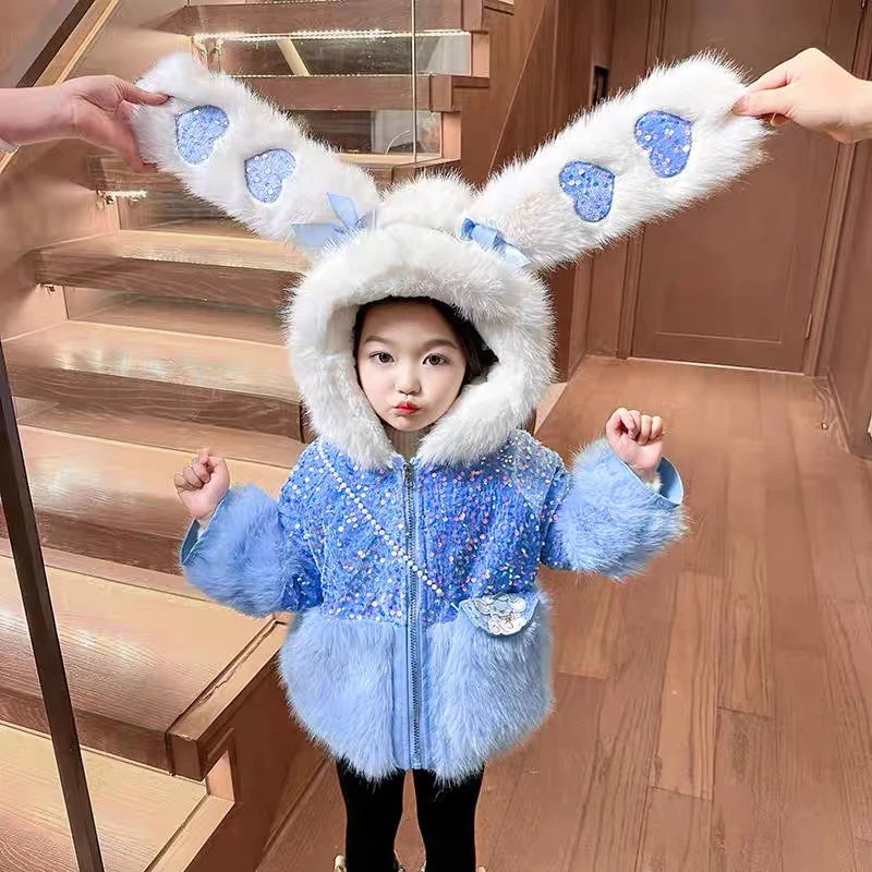 015女童外套加绒加厚 女孩草草棉服可爱兔子毛毛冬装