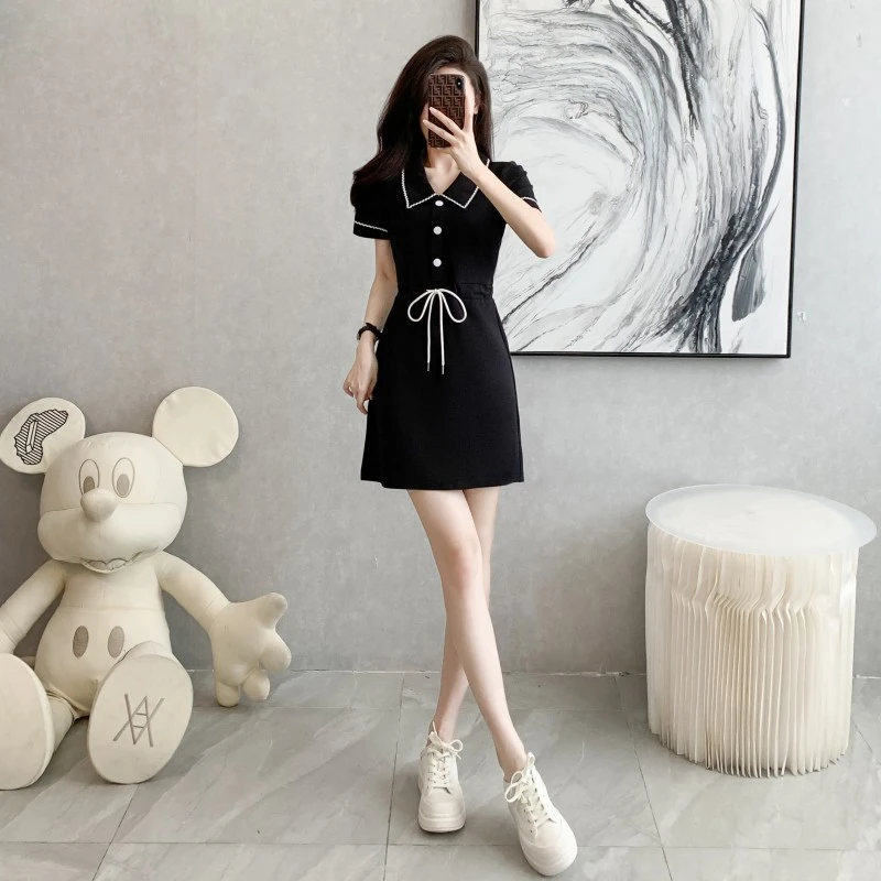 赫本风收腰显瘦清新a字连衣裙女夏季V领中长款小个子2153