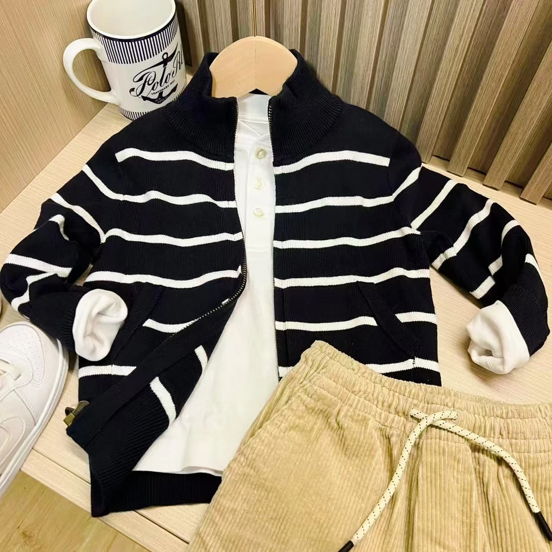 条纹立领针织开衫