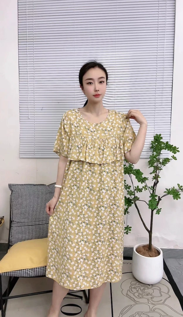 棉绸大码睡裙宽松女妈妈装中长款裙可外穿家居服休闲碎花夏季气质