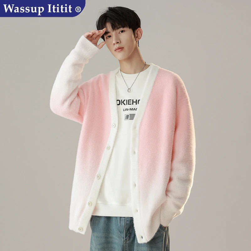 WASSUP ITITIT渐变V领针织衫男秋冬新款宽松慵懒韩系开衫毛衣外套