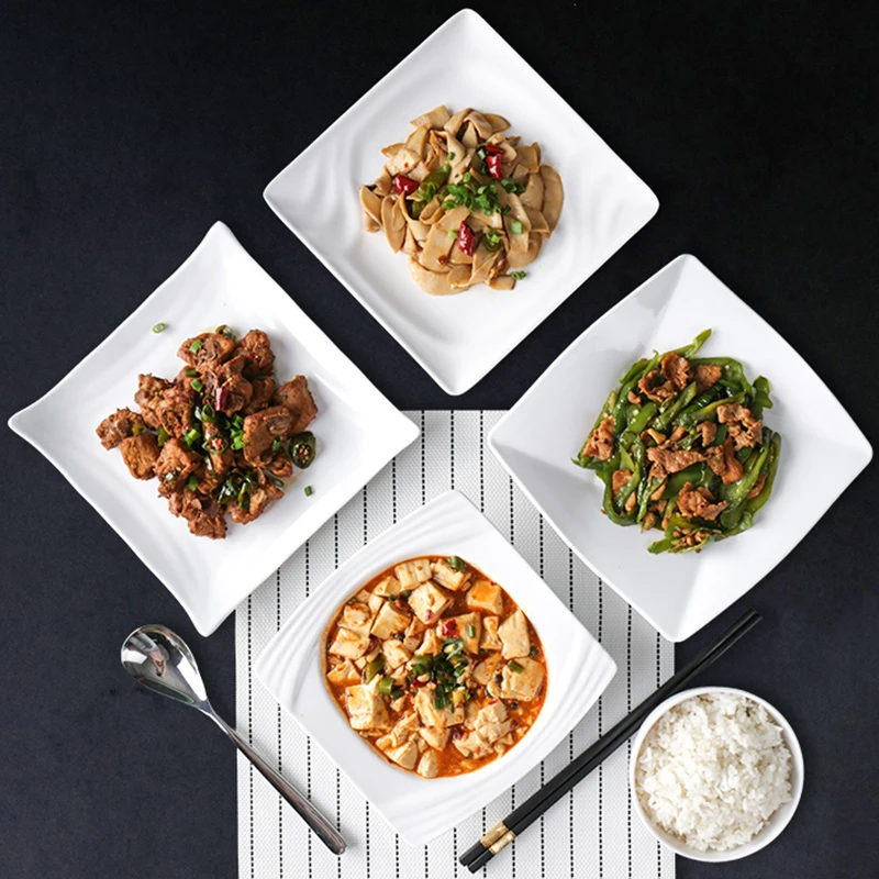 白色炒菜盘子仿瓷酒店饭店餐具塑料方盘凉菜盘网红商用密胺菜盘