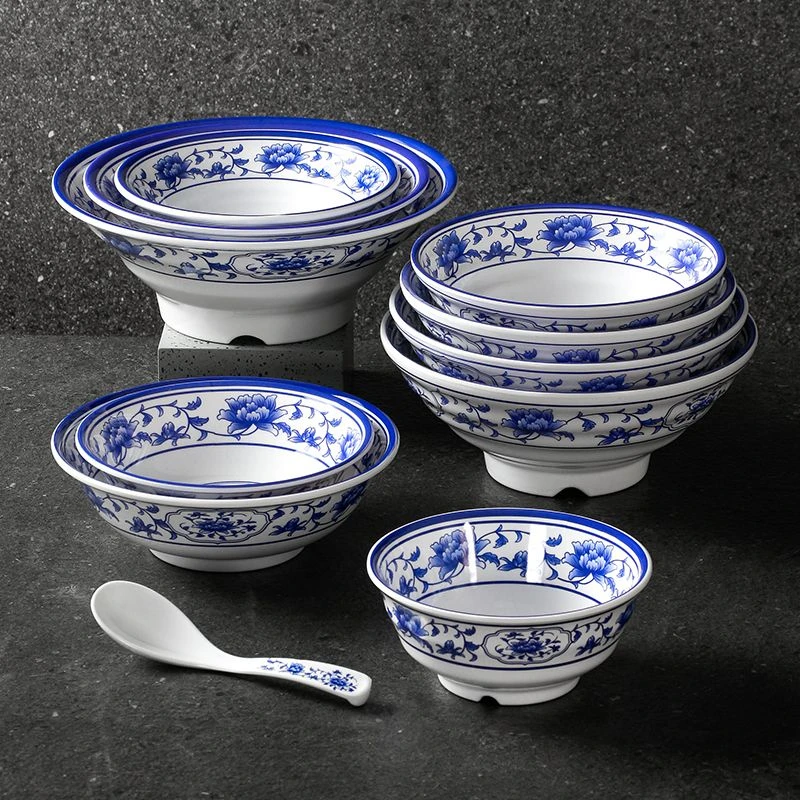 密胺餐具面碗复古仿瓷塑料碗商用麻辣烫碗面馆青花瓷拉面大碗