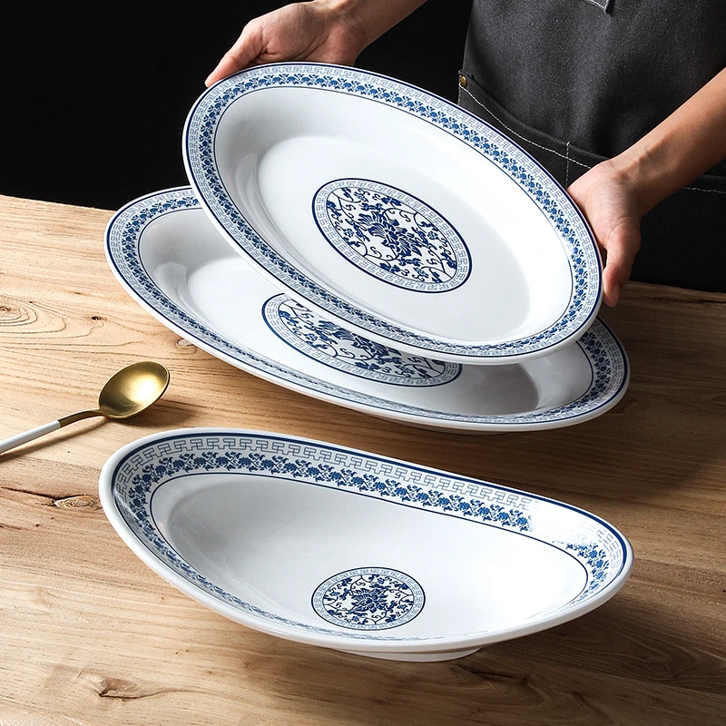 密胺餐具盘子商用青花椭圆烤鱼盘饭店餐厅炒菜商用配菜盘大号
