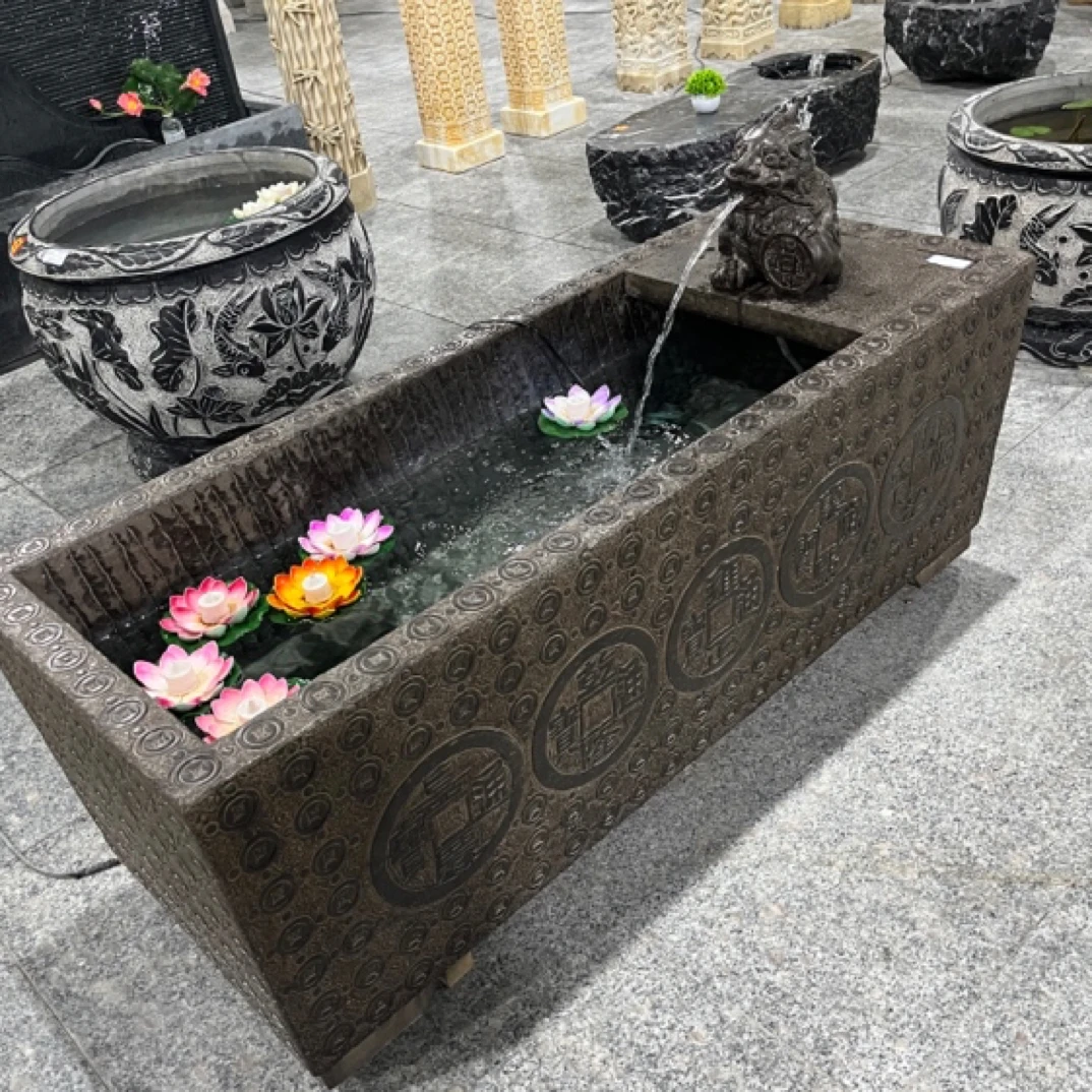 石雕鱼缸门海花盆青石做旧石槽子 流水摆件