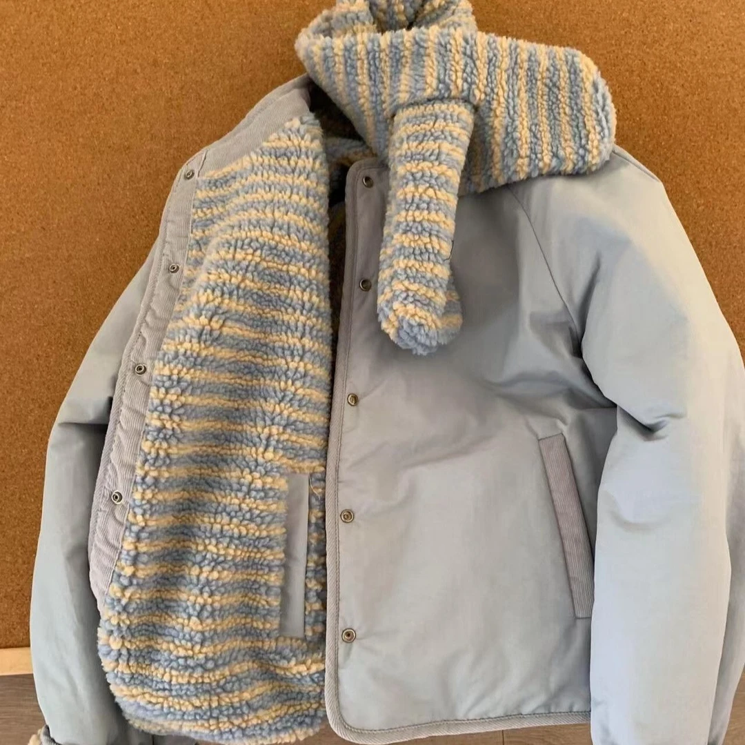 2024新款冬季配围巾加厚百搭上衣韩系甜美双面穿摇粒绒棉服外套女