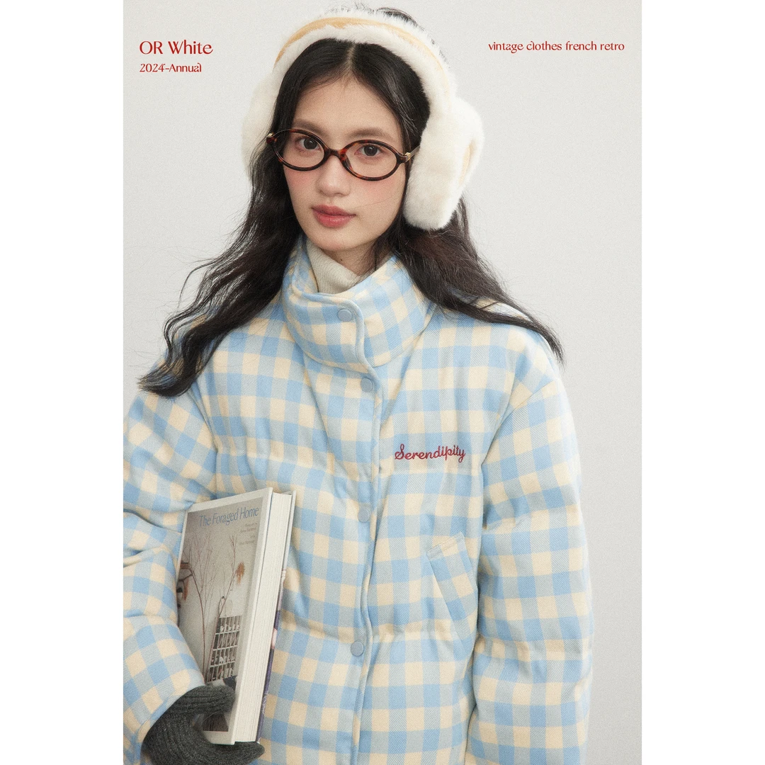 防风立领厚实冬季外套蓝色格子羽绒棉服短款小个子1579