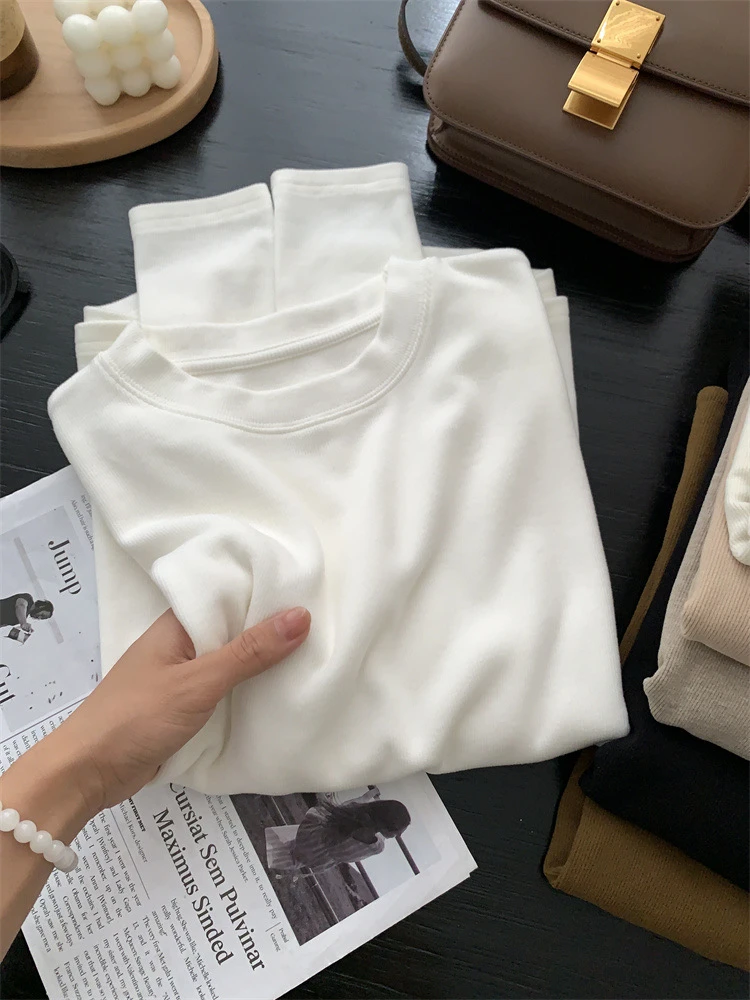 Gshop百搭必入~双面绒感慕斯显瘦圆领女基础色内搭t恤打底衫