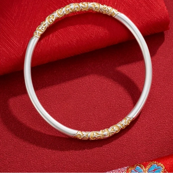足银银制品 足银9999古法唐草纹实心国风描金闭口开口手镯【A53】