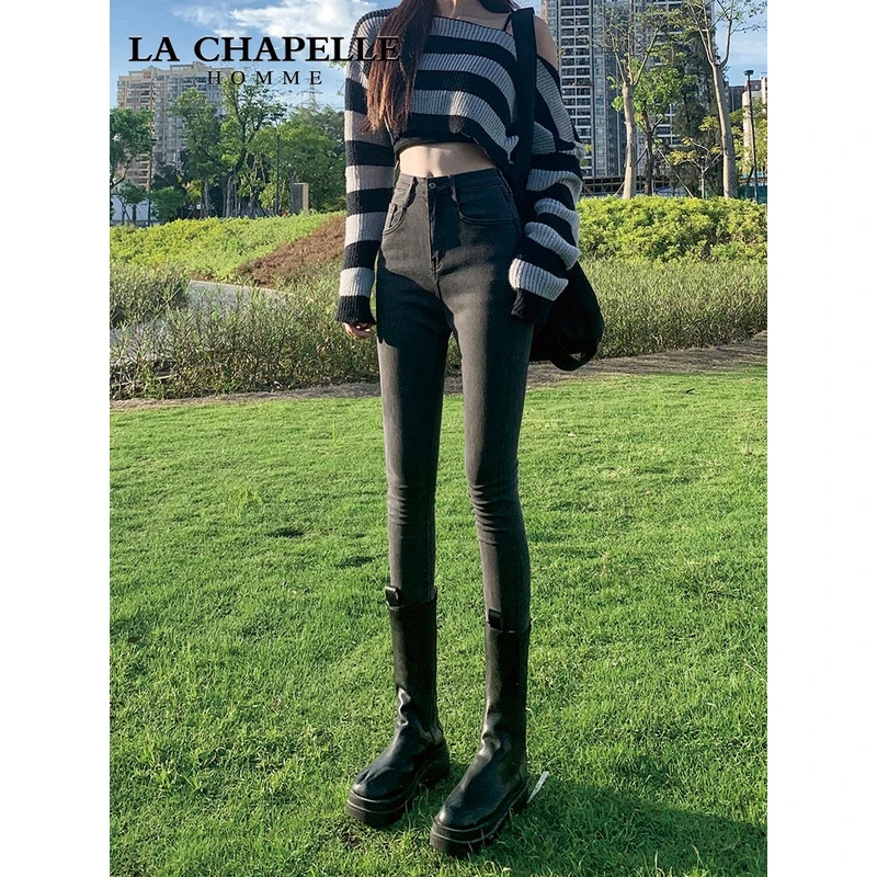 烟灰色加绒小脚牛仔裤女秋冬2023新款高腰显瘦紧身弹力铅笔裤