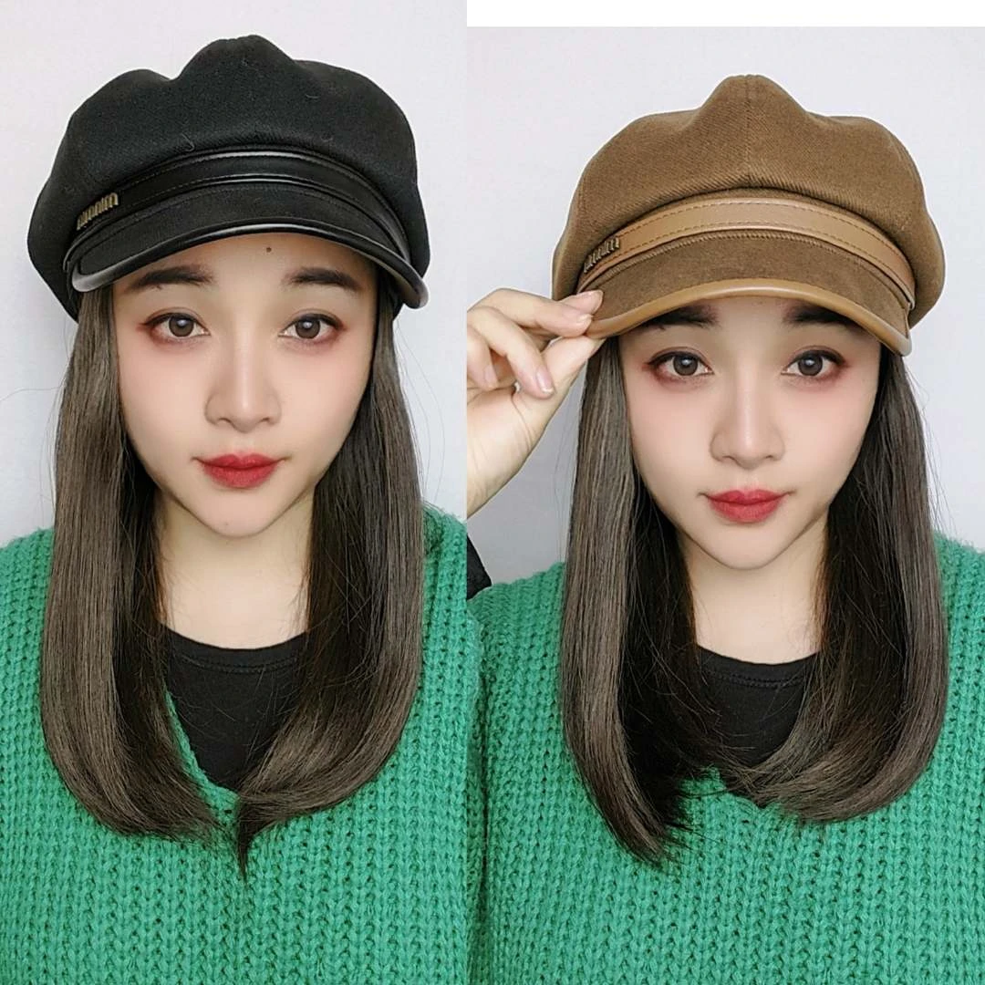 新款帽子假发一体女秋冬休闲复短齐肩发逼真自然百搭八角帽bobo头