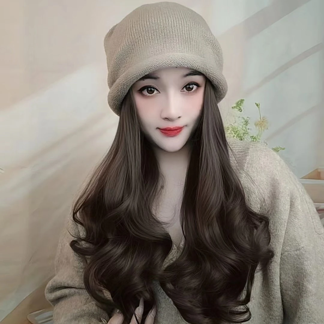 帽子假发一体女保暖针织推推帽百搭梨花大烫逼真网红大波浪假发