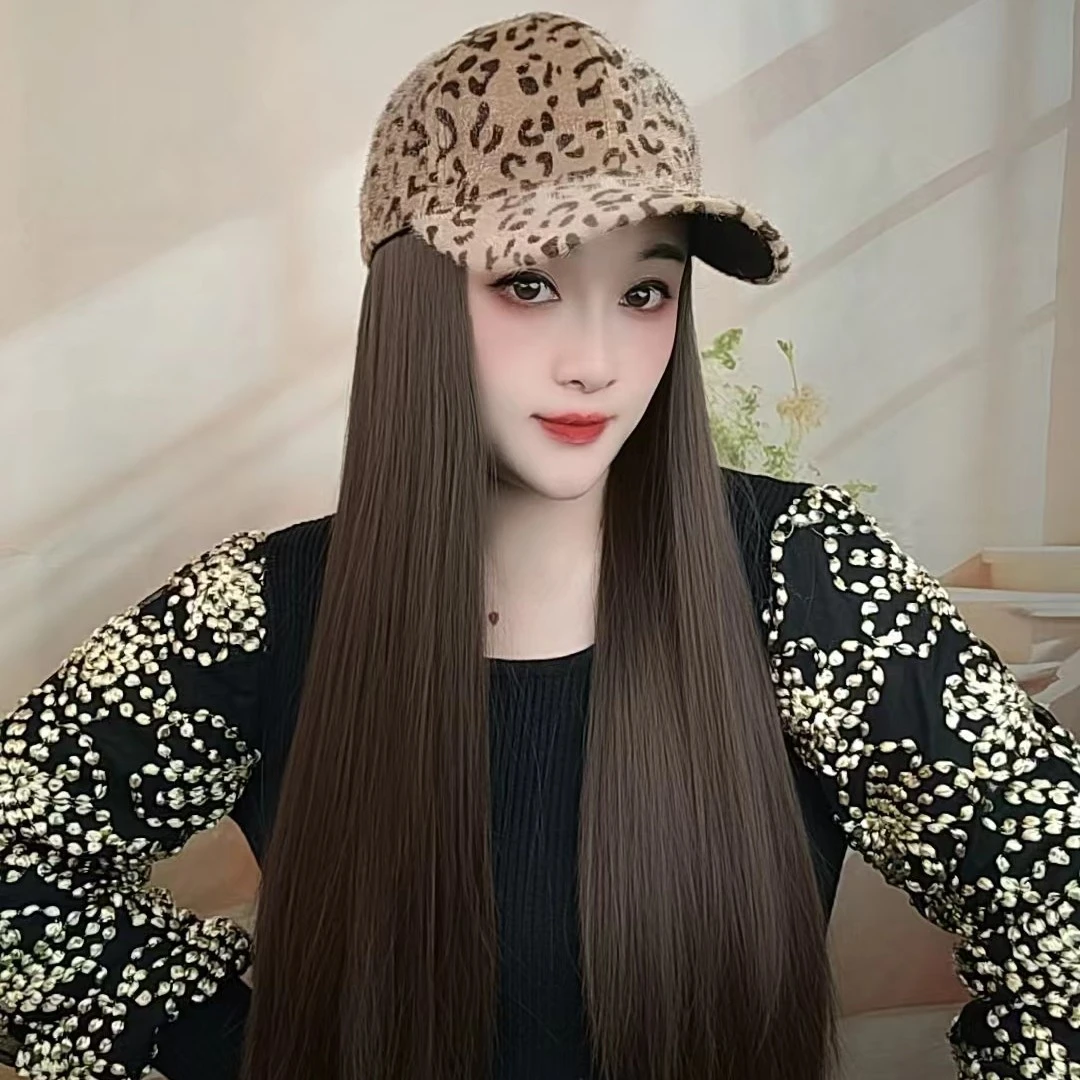 豹纹鸭舌帽子假发一体洋气深棕色长直夏女轻盈时尚整顶假发帽自然