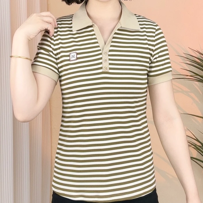 M翻领休闲百搭夏季条纹韩版宽松时尚洋气运动显瘦大码减龄半袖