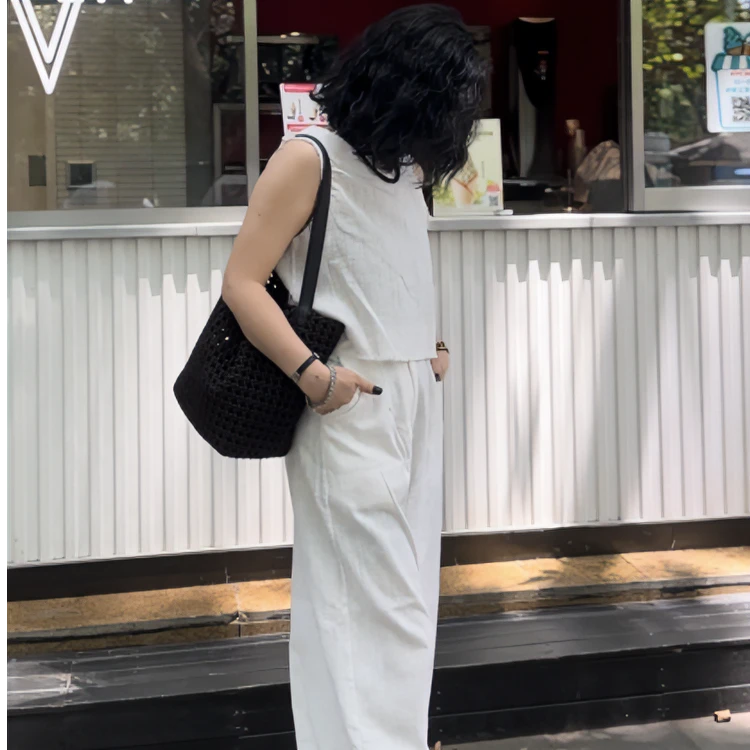 镂空编织水桶包高级感大容量慵懒时尚潮流女包黑色单肩子母托特包