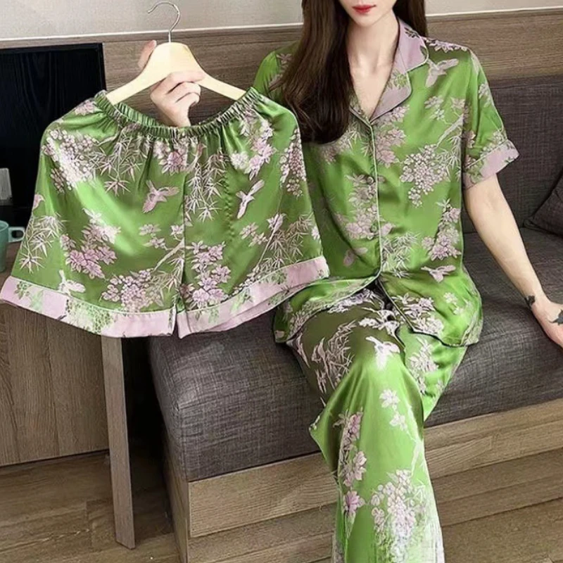 睡衣女夏季冰丝凉爽短袖三件套2023年薄款轻奢高级感家居服可外穿