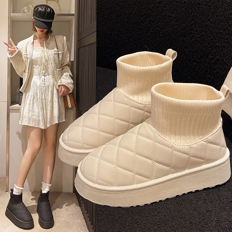针织松紧款雪地靴女款短靴防水防滑增高厚底棉鞋子加厚加绒保暖