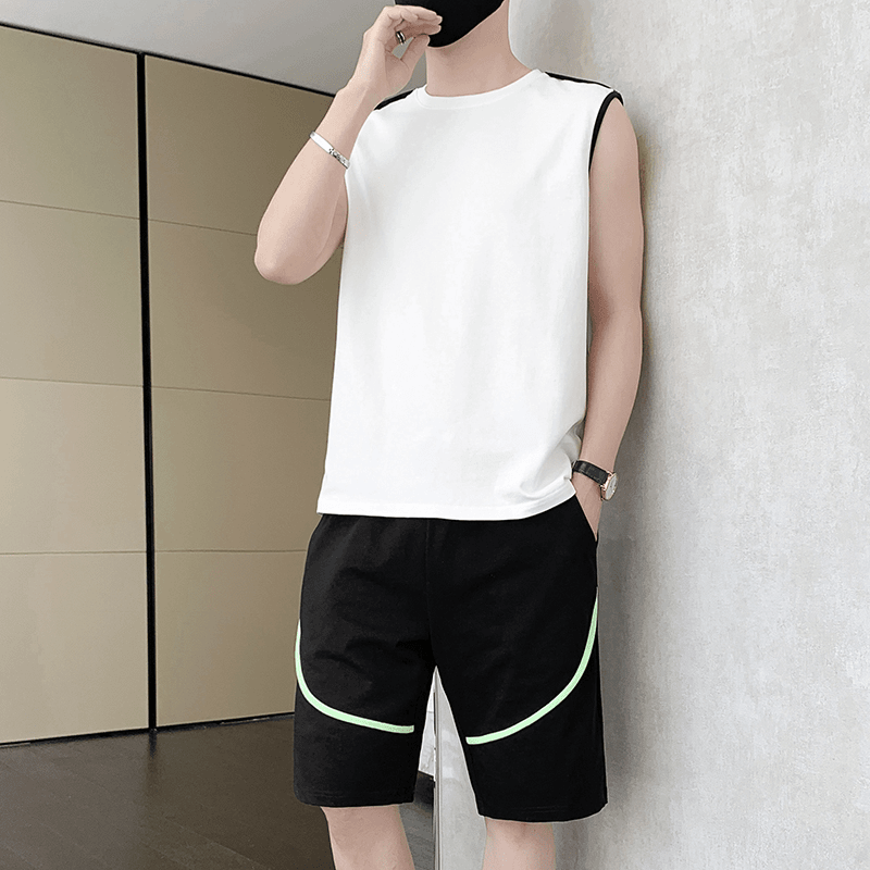 新款夏季男潮流宽松服潮牌学生无袖T恤背心舒适简约年轻肩宽套装