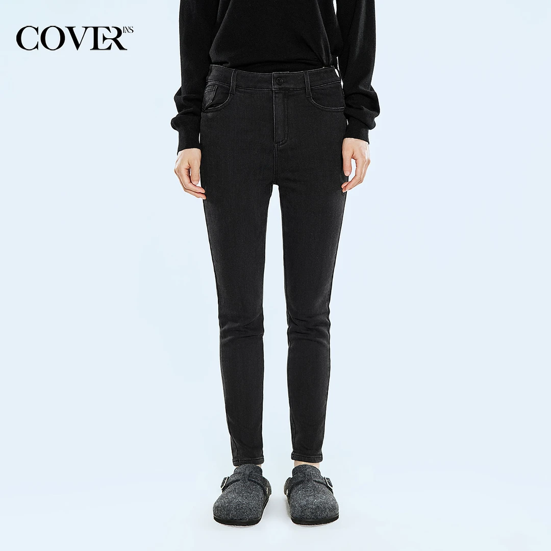 COVERINS冬季修身高腰牛仔小脚裤