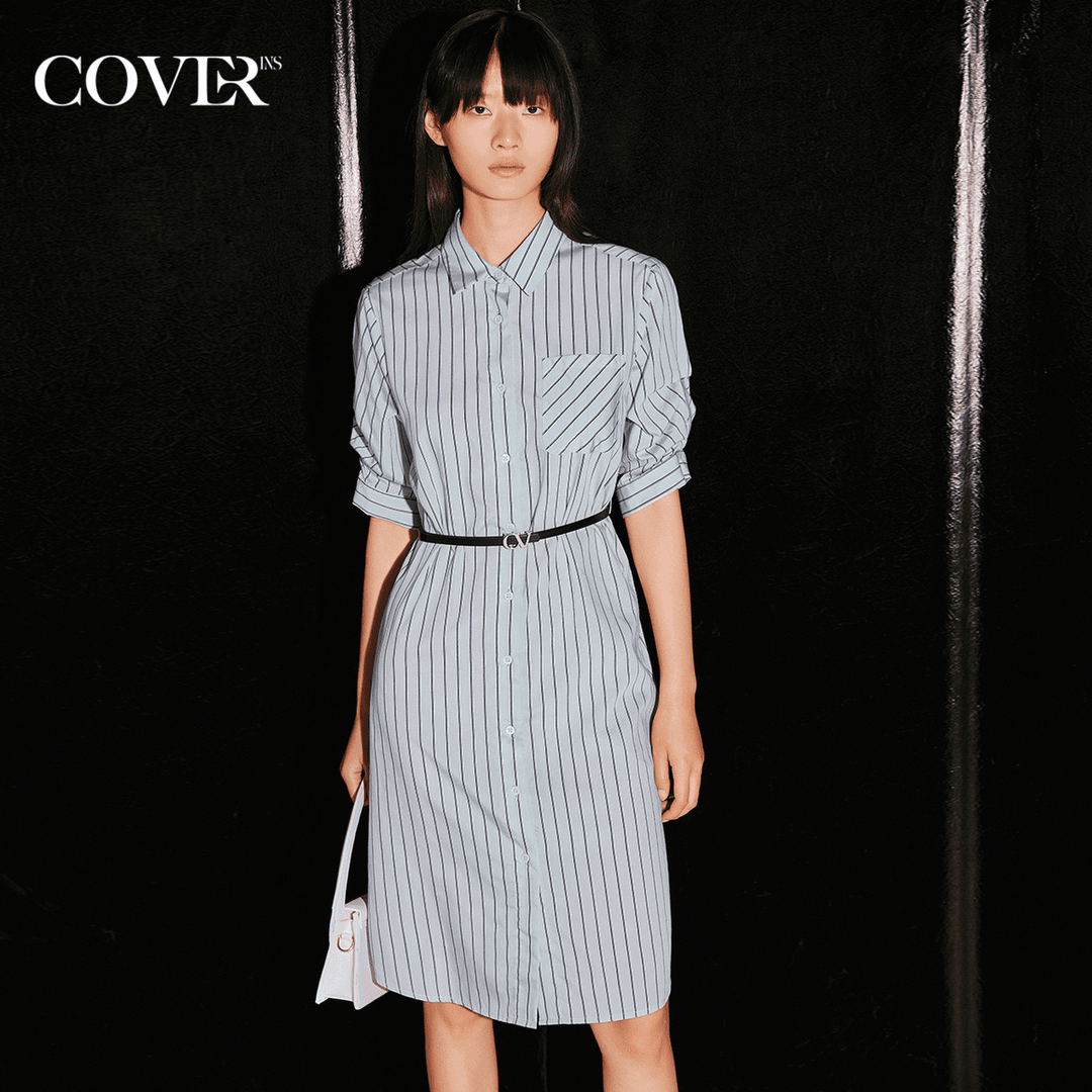 coverins COVER秋季褶皱艺术色织条纹衬衣裙