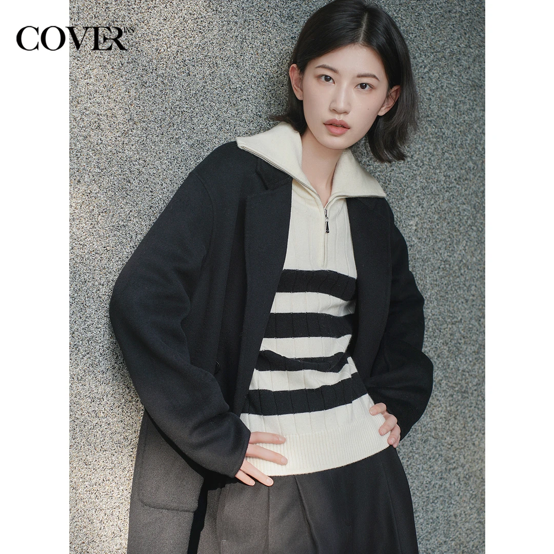 COVERINS冬季休闲山羊绒混纺翻驳领大衣