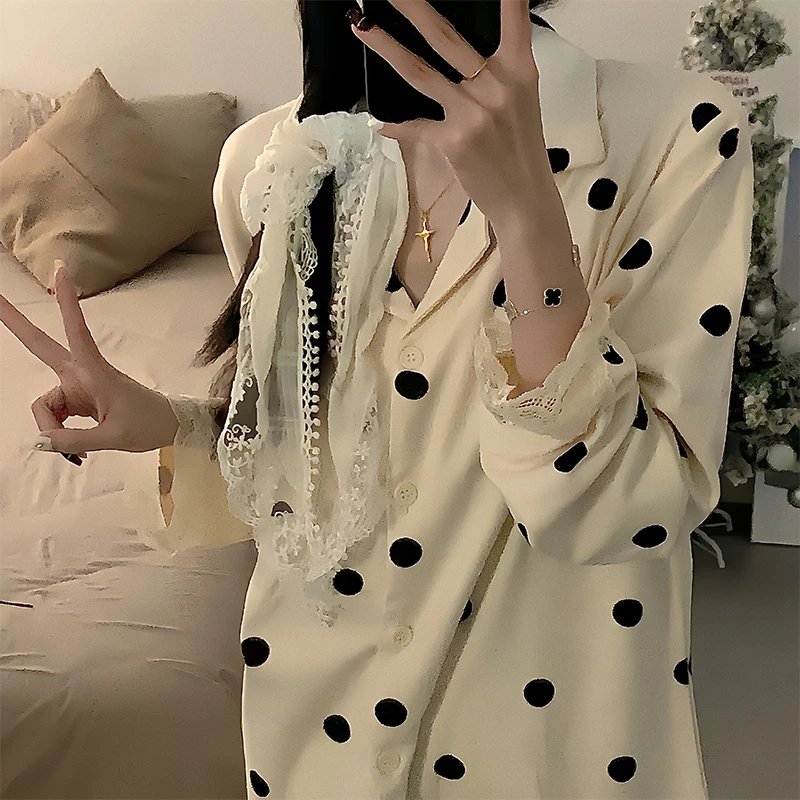 德绒保暖睡衣女时尚秋冬季双面绒厚款减龄圆点家居服气质翻领套装