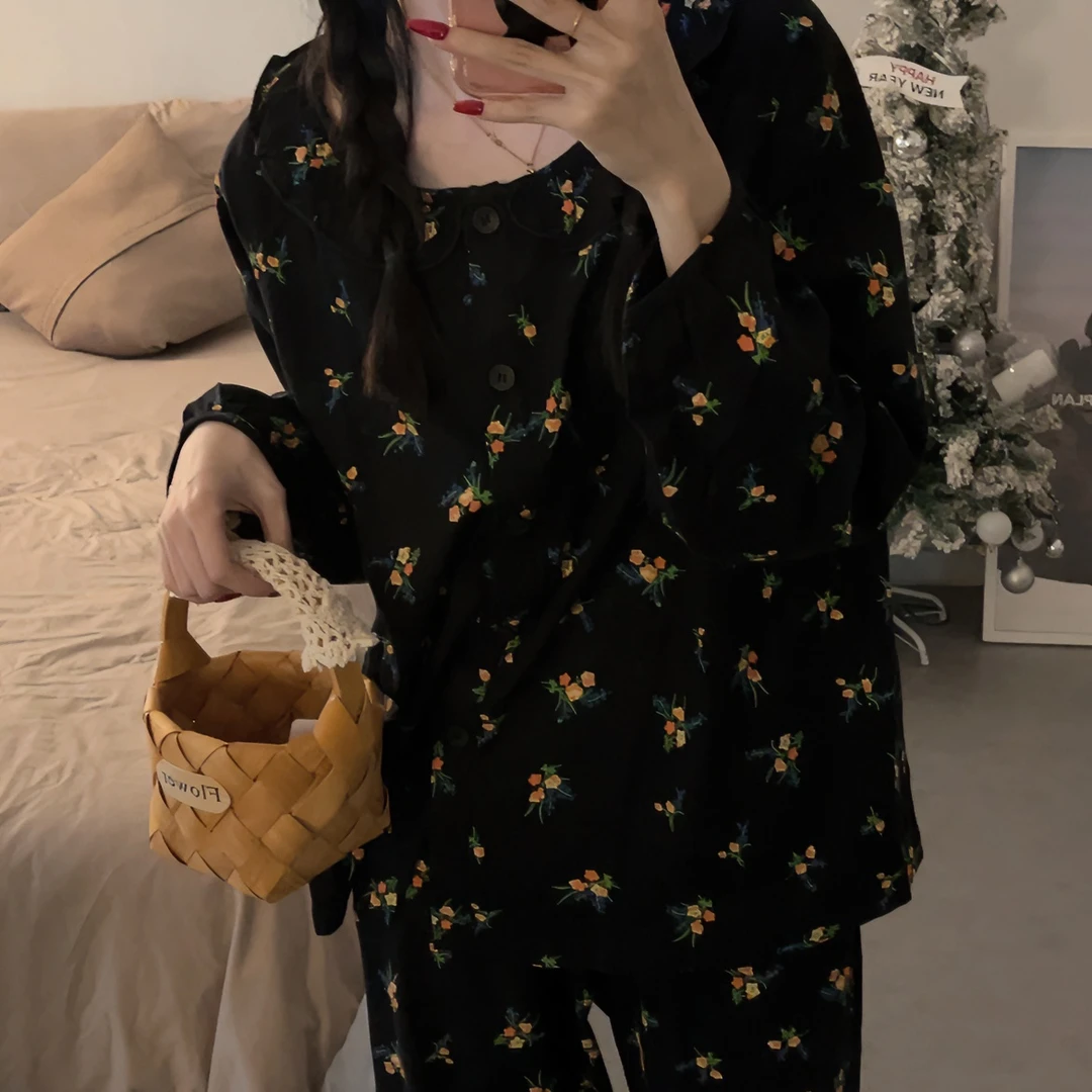 2024ins网红睡衣女长袖长裤春秋季碎花韩版薄款家居服女宽松套装